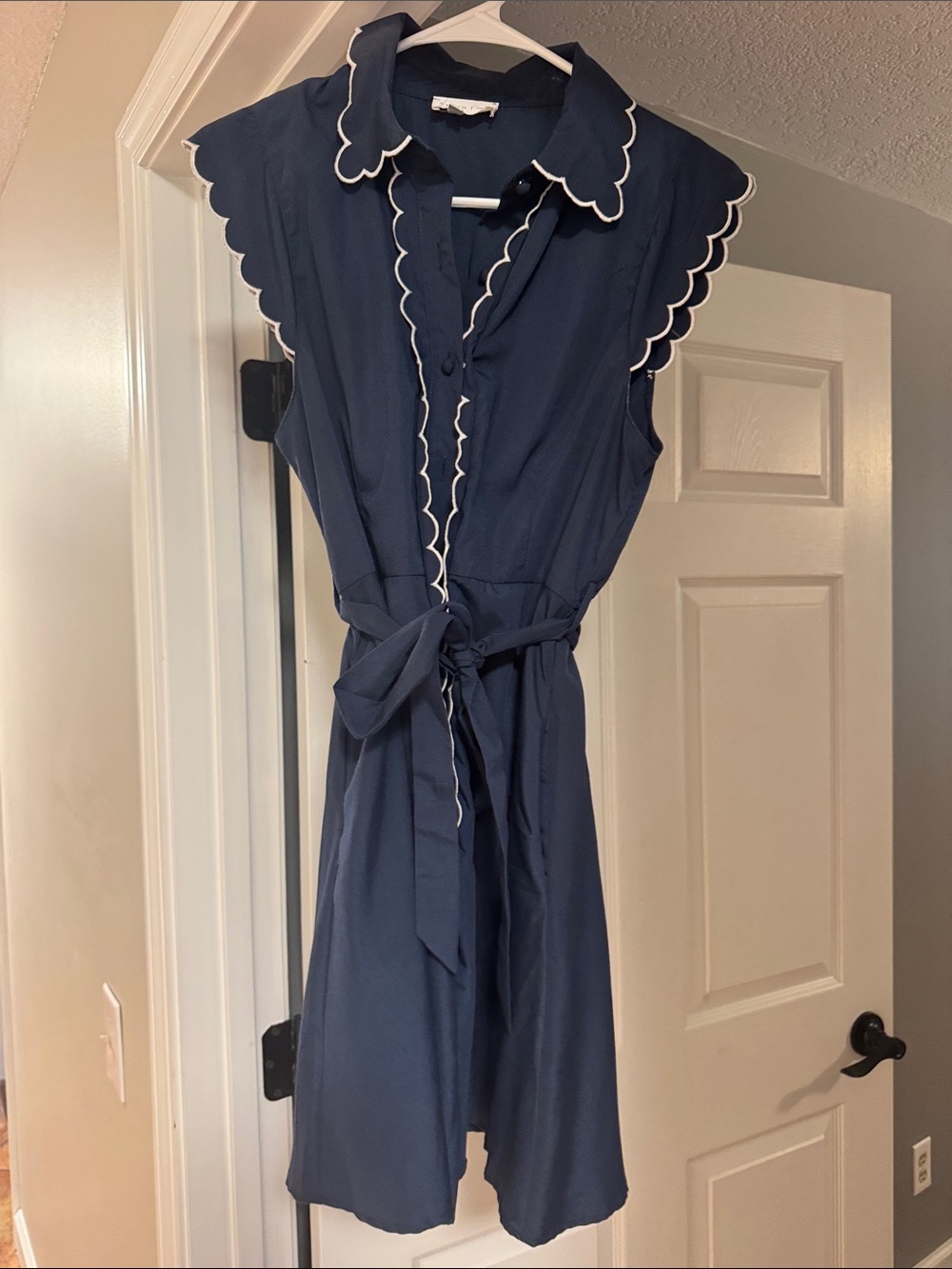 entro Navy Sleeveless Shirt Dress with White Scalloped Trim